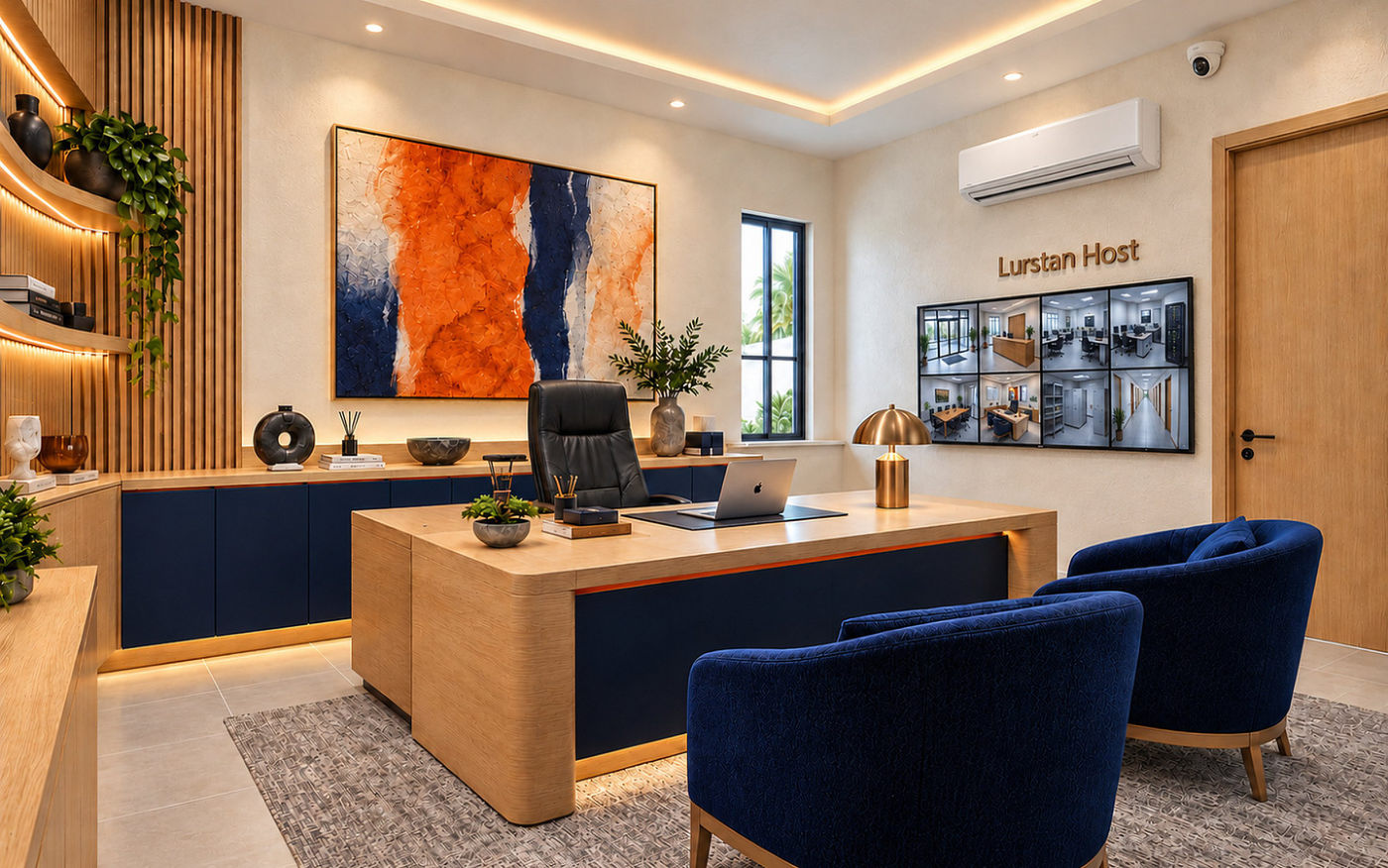 The private office: an oak desk, two navy armchairs and an orange and indigo canvas on the wall