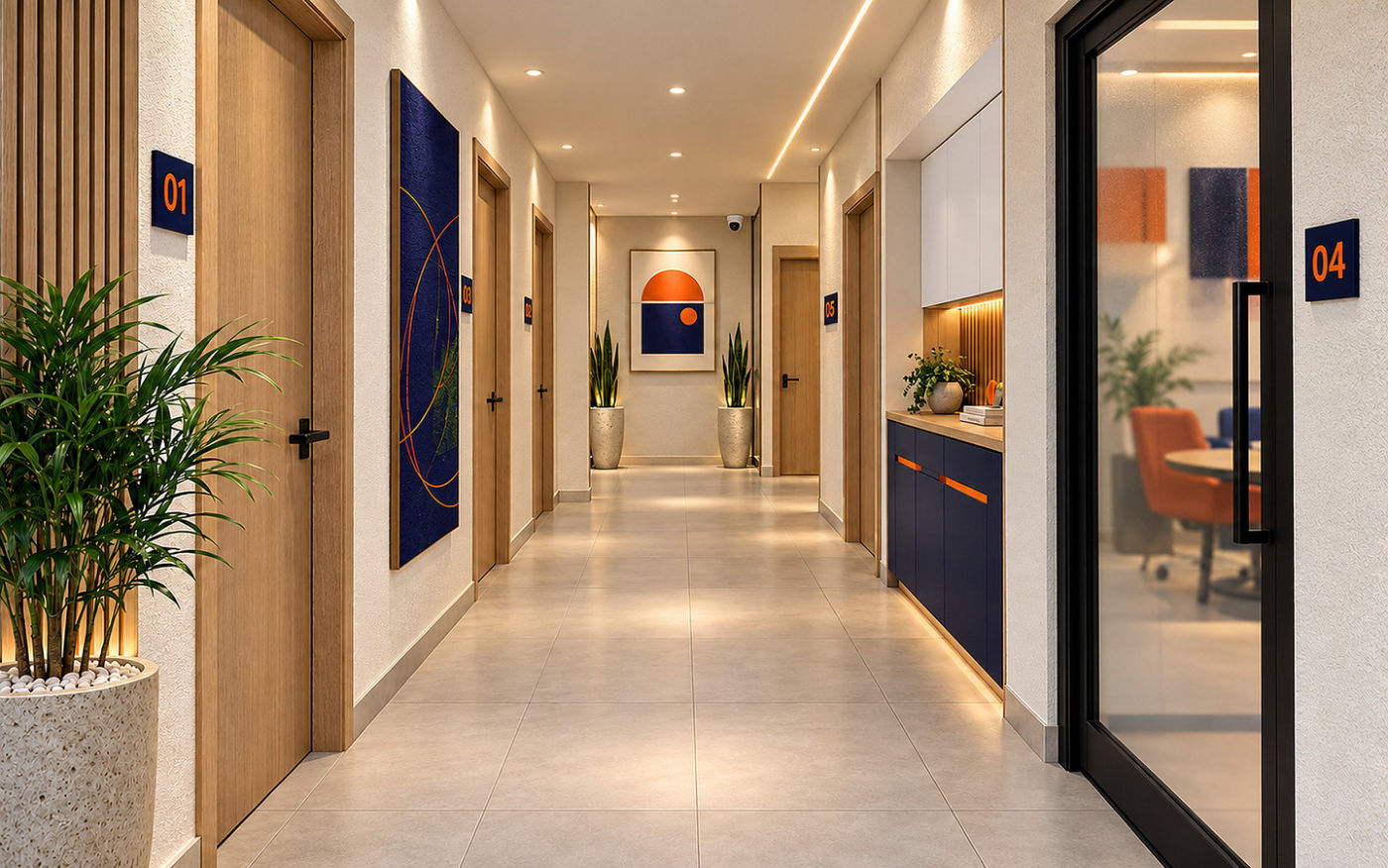 The entrance corridor with a numbered plaque by every door