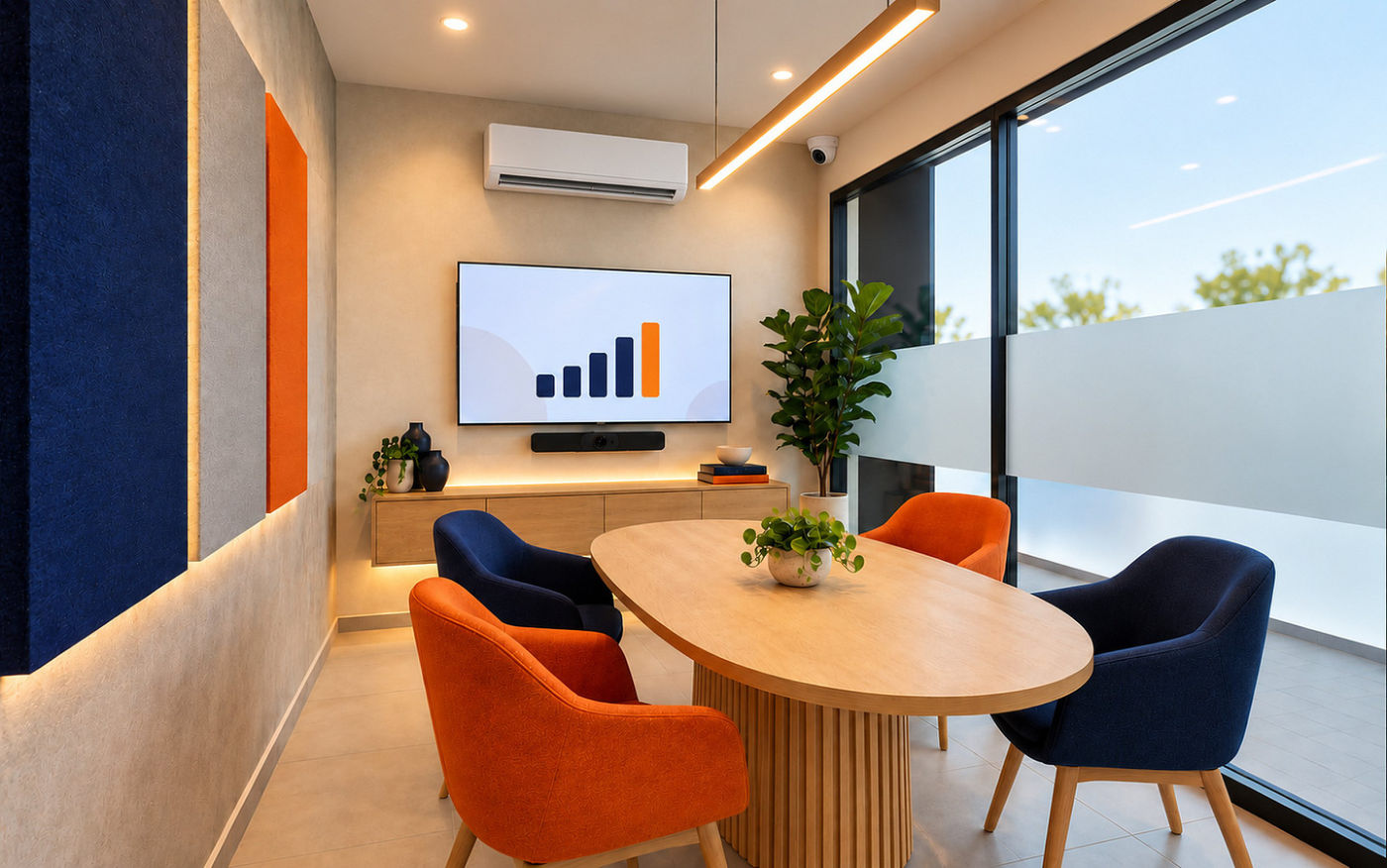 The meeting room: an oval oak table, navy and orange chairs and a screen for the day-five review