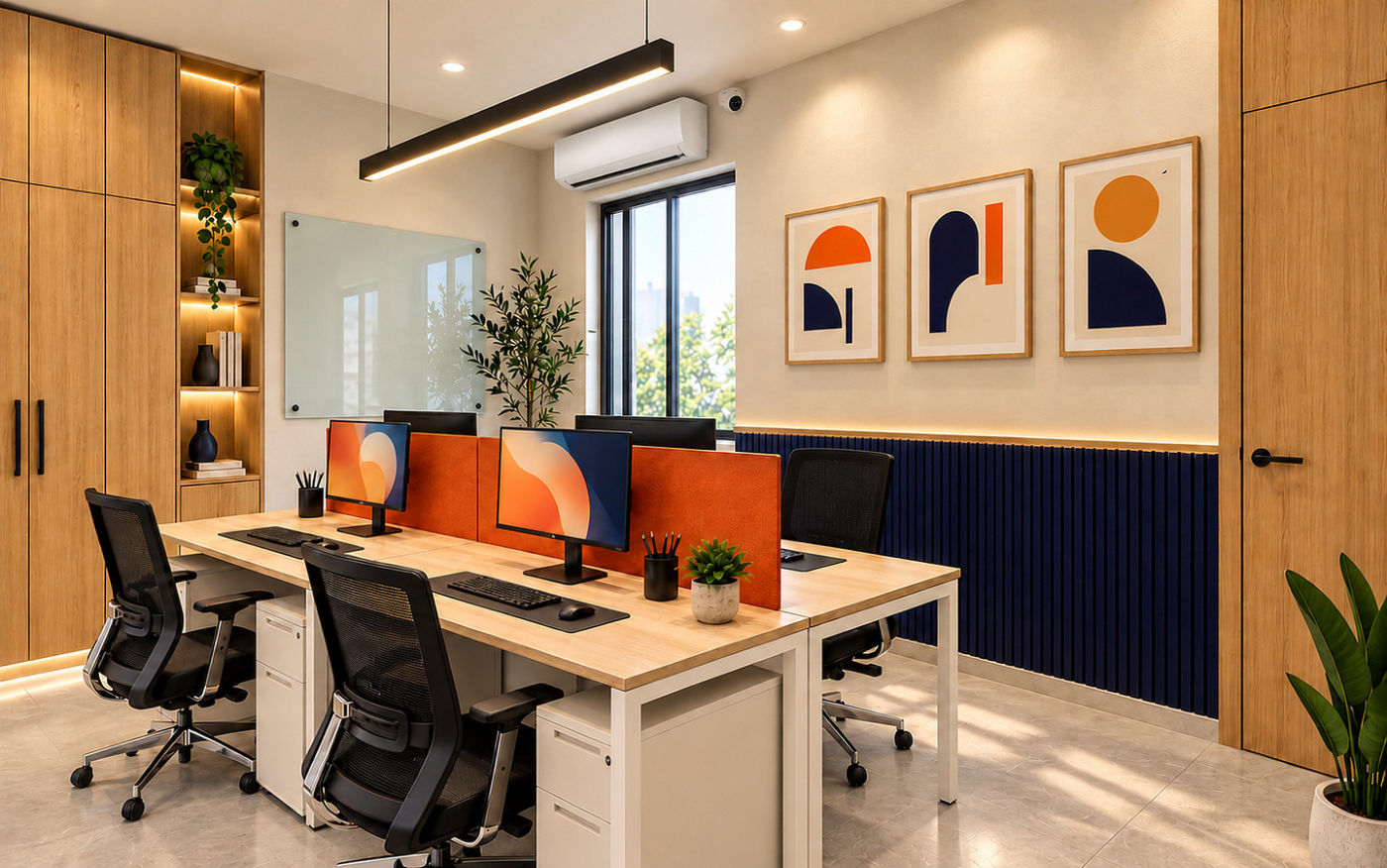 The sales office: four oak desks in a cluster with orange screens between them