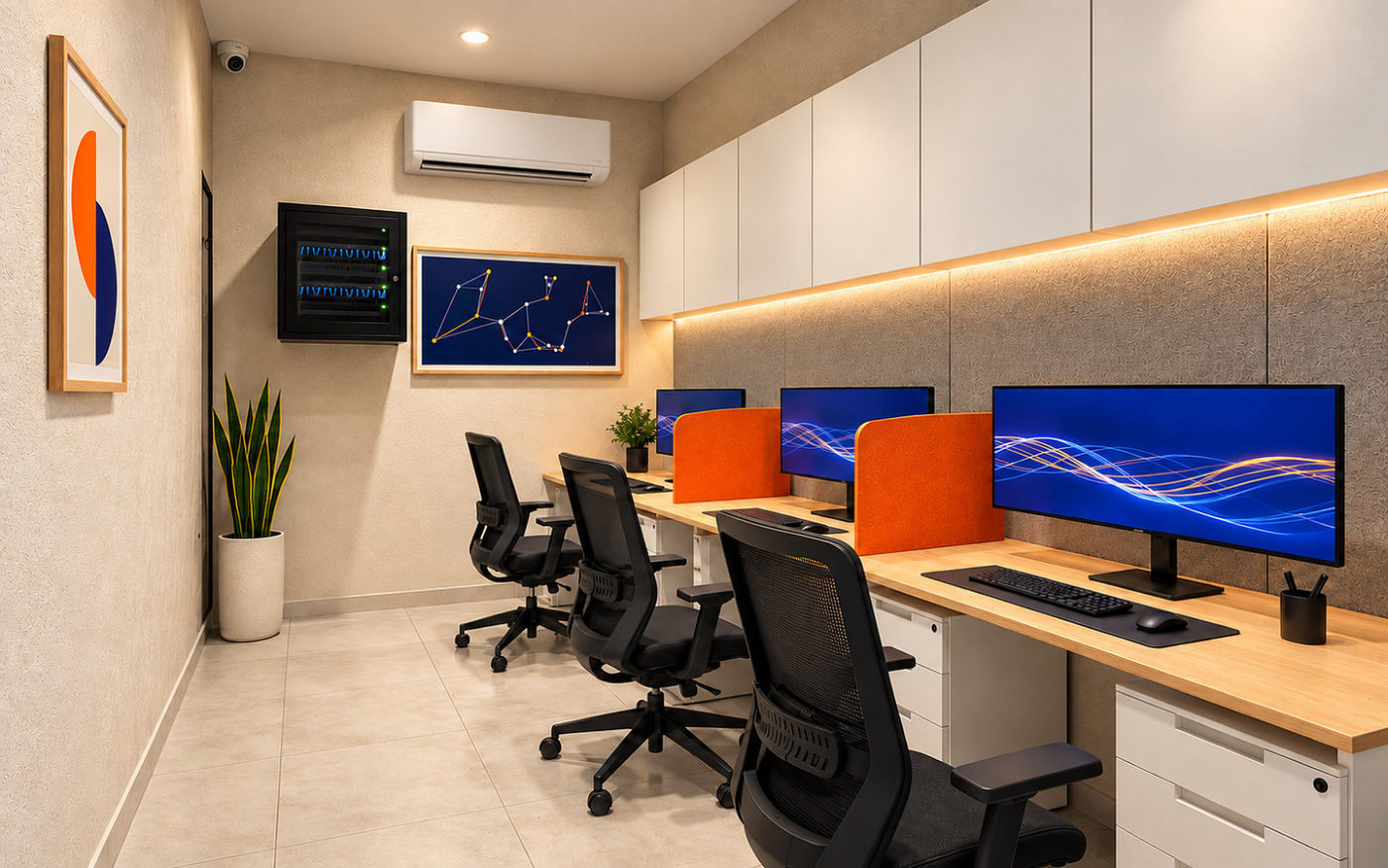 The technical room: a long oak bench with three ultrawide monitors and the locked network cabinet on the wall